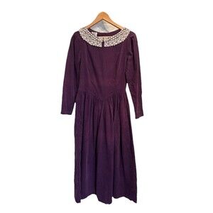 Vtg  1980s Laura Ashley Purple Corduroy Midi Dress Lace Collar Size 8 Read Desc